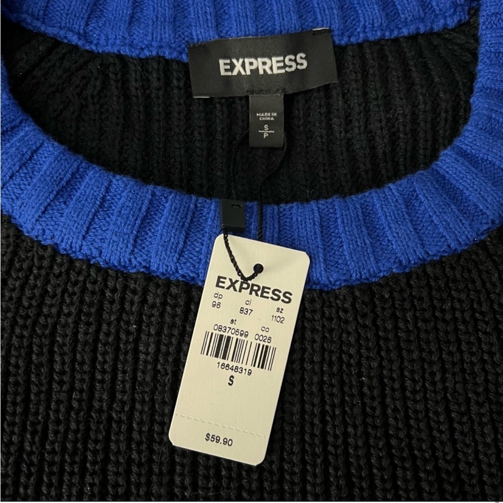 Express Black, Blue, & White Crewneck Chevron Shaker Knit Oversized Sweater, Sm - Picture 7 of 11